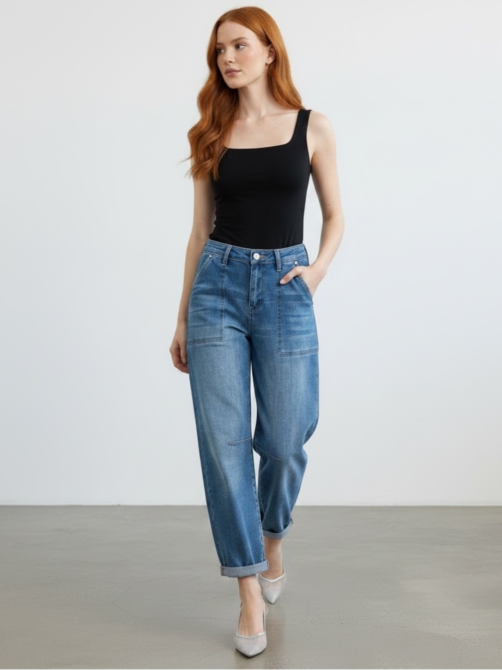 1504 • High Rise Medium Wash Cropped Pork Chop Pocket Mild Barrel Stretch Jeans